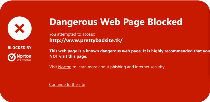 危険な Web ページがセーフウェブによってブロックされている様子。